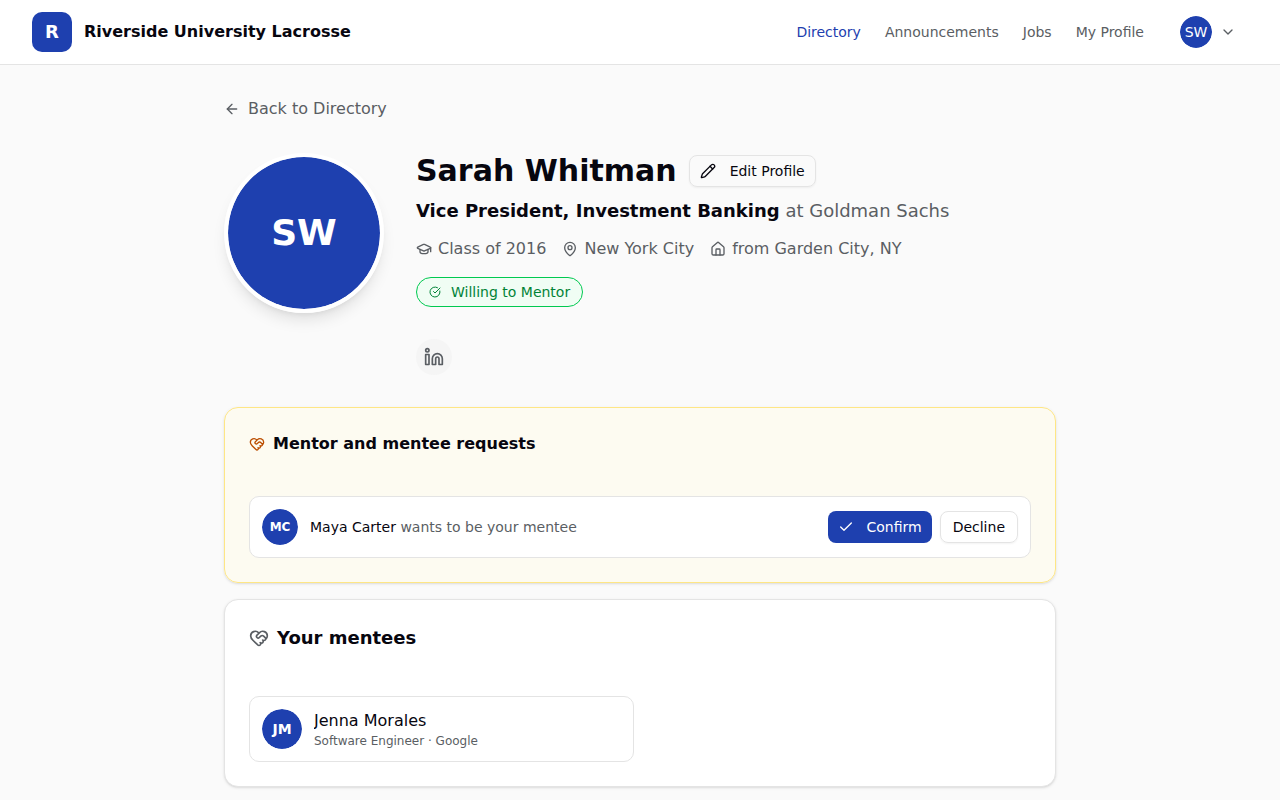 On her own profile, the mentor sees the request at the top with Confirm and Decline. One click, and the pair is listed on both profiles.