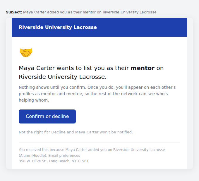 The email the mentor gets. One button, confirm or decline, no sign-in gymnastics.