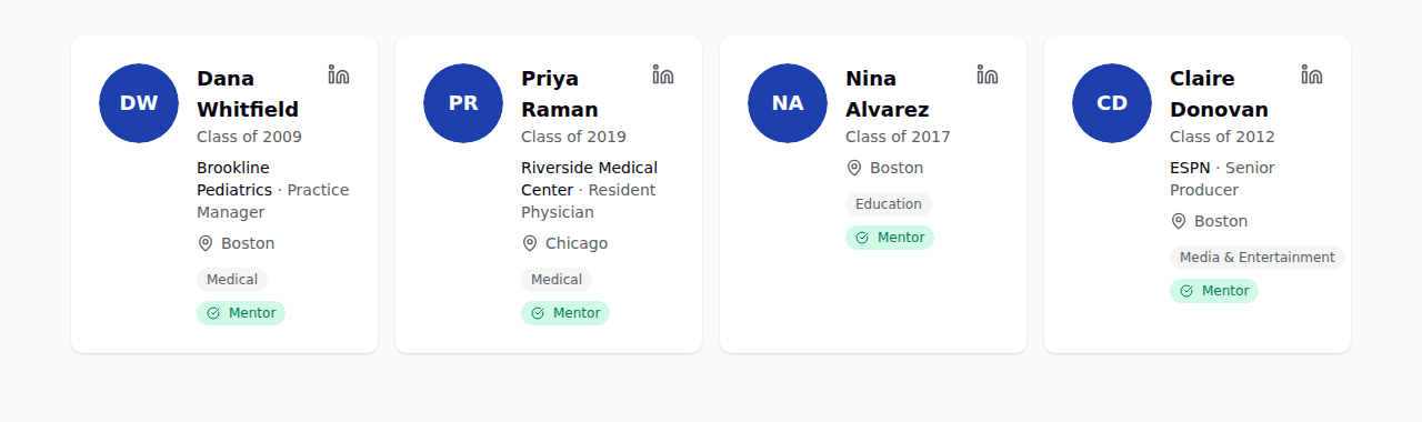 Four alumnae. One of them has a hole in her card.